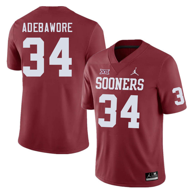 Men #34 Adepoju Adebawore Oklahoma Sooners College Football Jerseys Stitched-Crimson